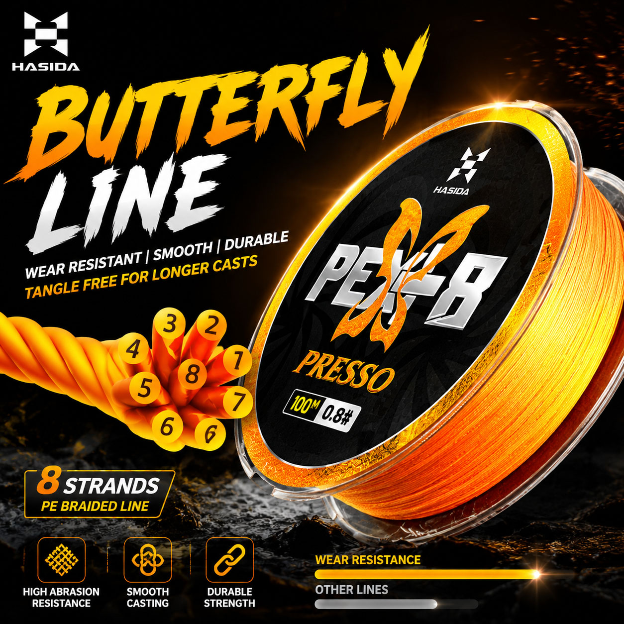Copolymer Line - Леска HASIDA Butterfly 100м, 8-жильная плетеная,